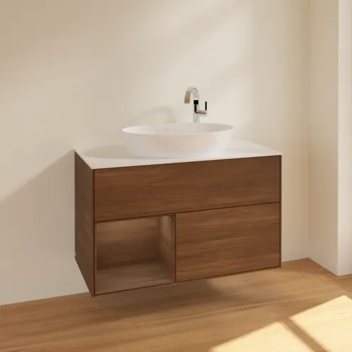Bild von VILLEROY BOCH Finion Waschbeckenunterschrank, mit Beleuchtung, 2 Auszüge, 1000 x 603 x 501 mm, Walnut Veneer / Walnut Veneer / Glass White Matt #F891GNGN