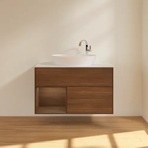 Bild von VILLEROY BOCH Finion Waschbeckenunterschrank, mit Beleuchtung, 2 Auszüge, 1000 x 603 x 501 mm, Walnut Veneer / Walnut Veneer / Glass White Matt #F891GNGN