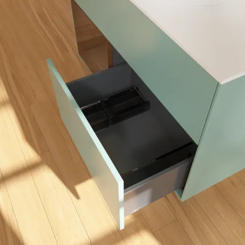Bild von VILLEROY BOCH Finion Waschbeckenunterschrank, mit Beleuchtung, 2 Auszüge, 1000 x 603 x 501 mm, Olive Matt Lacquer / Walnut Veneer / Glass White Matt #F891GNGM
