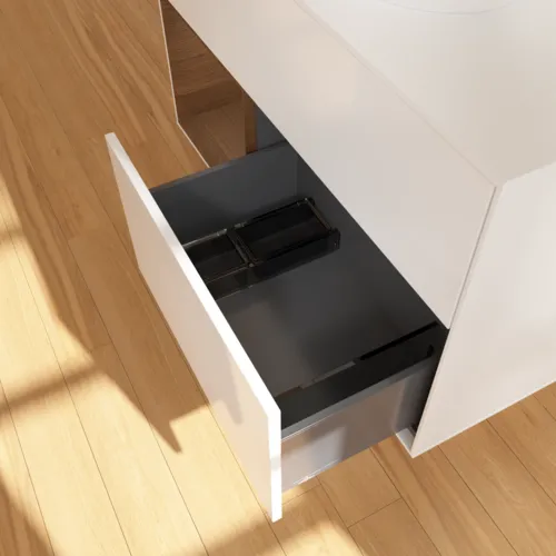 VILLEROY BOCH Finion Waschbeckenunterschrank, mit Beleuchtung, 2 Auszüge, 1000 x 603 x 501 mm, Glossy White Lacquer / Walnut Veneer / Glass White Matt #F891GNGF, Bild 7