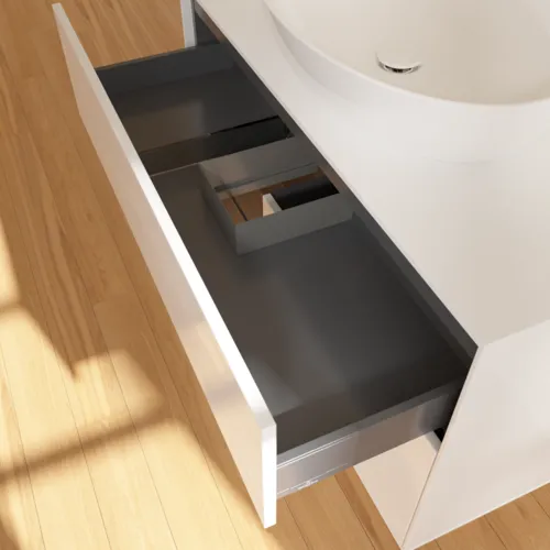VILLEROY BOCH Finion Waschbeckenunterschrank, mit Beleuchtung, 2 Auszüge, 1000 x 603 x 501 mm, Glossy White Lacquer / Walnut Veneer / Glass White Matt #F891GNGF, Bild 8