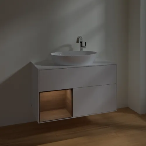 VILLEROY BOCH Finion Waschbeckenunterschrank, mit Beleuchtung, 2 Auszüge, 1000 x 603 x 501 mm, Glossy White Lacquer / Walnut Veneer / Glass White Matt #F891GNGF, Bild 5