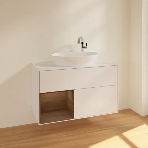 VILLEROY BOCH Finion Waschbeckenunterschrank, mit Beleuchtung, 2 Auszüge, 1000 x 603 x 501 mm, Glossy White Lacquer / Walnut Veneer / Glass White Matt #F891GNGF, Bild 2