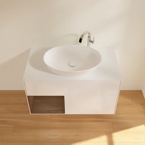VILLEROY BOCH Finion Waschbeckenunterschrank, mit Beleuchtung, 2 Auszüge, 1000 x 603 x 501 mm, Glossy White Lacquer / Walnut Veneer / Glass White Matt #F891GNGF, Bild 4