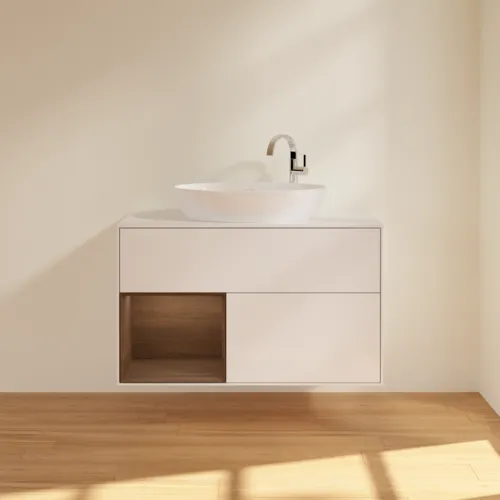 VILLEROY BOCH Finion Waschbeckenunterschrank, mit Beleuchtung, 2 Auszüge, 1000 x 603 x 501 mm, Glossy White Lacquer / Walnut Veneer / Glass White Matt #F891GNGF, Bild 3