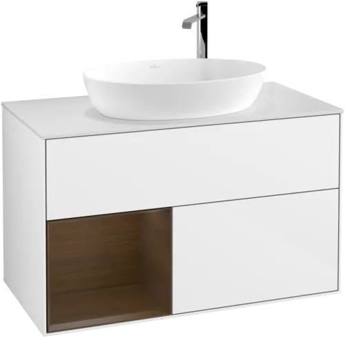 VILLEROY BOCH Finion Vanity unit, with lighting, 2 pull-out compartments, 1000 x 603 x 501 mm, Glossy White Lacquer / Walnut Veneer / Glass White Matt #F891GNGF resmi