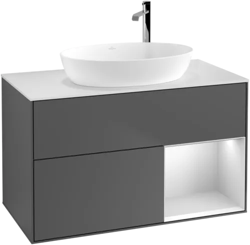 Obrázek VILLEROY BOCH Toaletní skříňka Finion, s osvětlením, 2 výsuvy, 1000 x 603 x 501 mm, antracitový matný lak / bílý matný lak / bílé matné sklo #F901MTGK