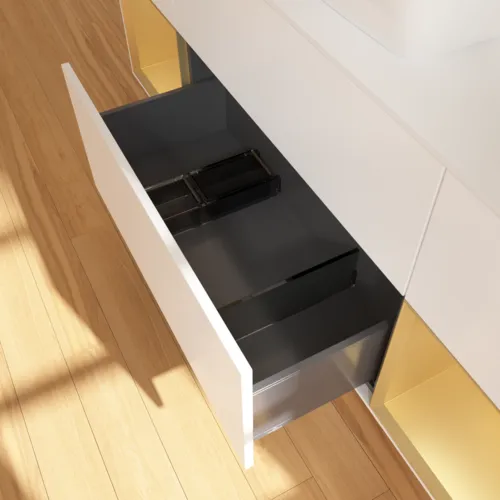 Picture of VILLEROY BOCH Finion Vanity unit, with lighting, 4 pull-out compartments, 1600 x 603 x 501 mm, White Matt Lacquer / Gold Matt Lacquer / Glass White Matt #F861HFMT