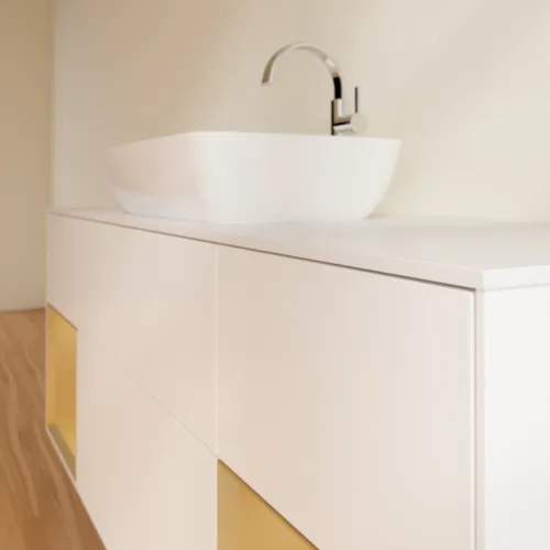 Picture of VILLEROY BOCH Finion Vanity unit, with lighting, 4 pull-out compartments, 1600 x 603 x 501 mm, White Matt Lacquer / Gold Matt Lacquer / Glass White Matt #F861HFMT