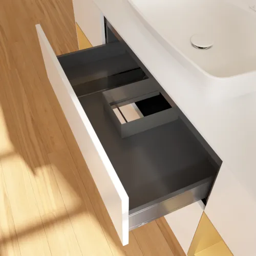 Picture of VILLEROY BOCH Finion Vanity unit, with lighting, 4 pull-out compartments, 1600 x 603 x 501 mm, White Matt Lacquer / Gold Matt Lacquer / Glass White Matt #F861HFMT