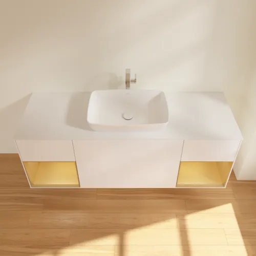 Picture of VILLEROY BOCH Finion Vanity unit, with lighting, 4 pull-out compartments, 1600 x 603 x 501 mm, White Matt Lacquer / Gold Matt Lacquer / Glass White Matt #F861HFMT