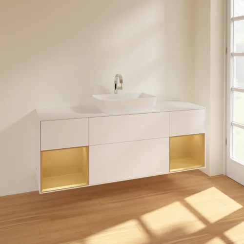 Picture of VILLEROY BOCH Finion Vanity unit, with lighting, 4 pull-out compartments, 1600 x 603 x 501 mm, White Matt Lacquer / Gold Matt Lacquer / Glass White Matt #F861HFMT