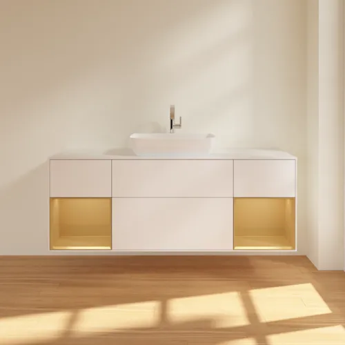 Picture of VILLEROY BOCH Finion Vanity unit, with lighting, 4 pull-out compartments, 1600 x 603 x 501 mm, White Matt Lacquer / Gold Matt Lacquer / Glass White Matt #F861HFMT