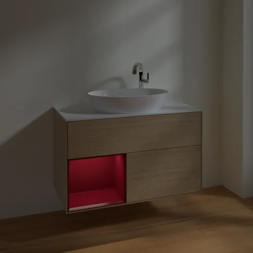Bild von VILLEROY BOCH Finion Waschbeckenunterschrank, mit Beleuchtung, 2 Auszüge, 1000 x 603 x 501 mm, Oak Veneer / Peony Matt Lacquer / Glass White Matt #F891HBPC