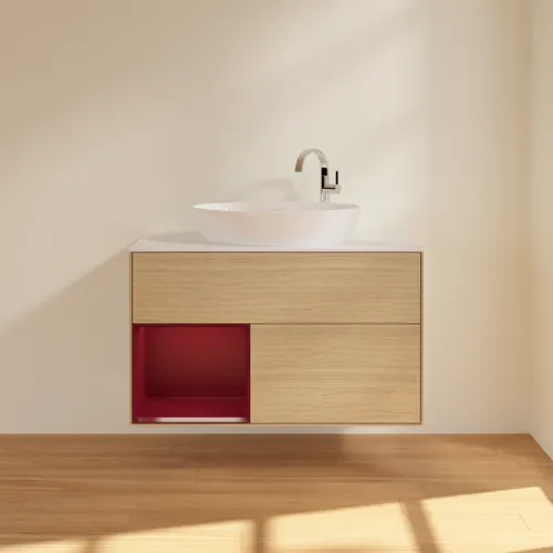 Bild von VILLEROY BOCH Finion Waschbeckenunterschrank, mit Beleuchtung, 2 Auszüge, 1000 x 603 x 501 mm, Oak Veneer / Peony Matt Lacquer / Glass White Matt #F891HBPC