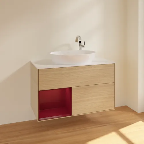 Bild von VILLEROY BOCH Finion Waschbeckenunterschrank, mit Beleuchtung, 2 Auszüge, 1000 x 603 x 501 mm, Oak Veneer / Peony Matt Lacquer / Glass White Matt #F891HBPC