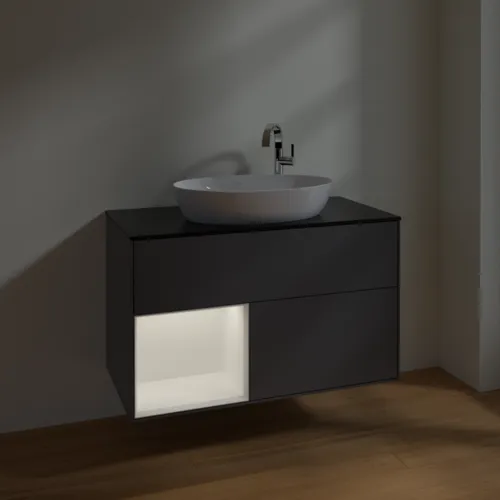 VILLEROY BOCH Finion Waschbeckenunterschrank, mit Beleuchtung, 2 Auszüge, 1000 x 603 x 501 mm, Anthracite Matt Lacquer / White Matt Lacquer / Glass Black Matt #F892MTGK, Bild 5