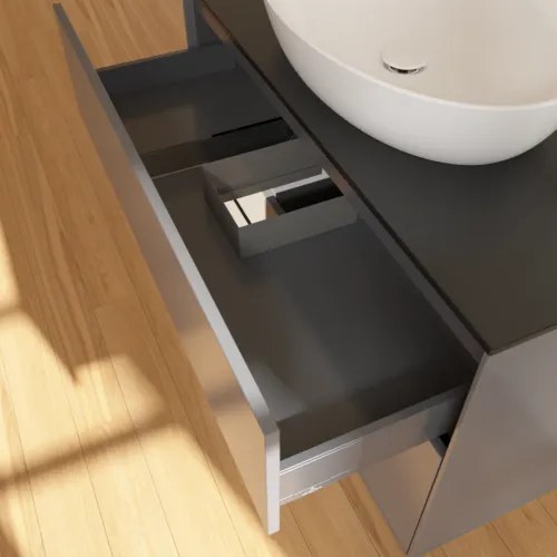 VILLEROY BOCH Finion Waschbeckenunterschrank, mit Beleuchtung, 2 Auszüge, 1000 x 603 x 501 mm, Anthracite Matt Lacquer / White Matt Lacquer / Glass Black Matt #F892MTGK, Bild 8