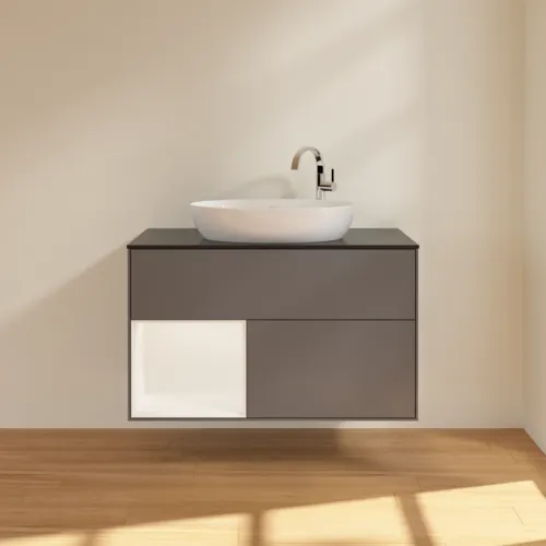 VILLEROY BOCH Finion Waschbeckenunterschrank, mit Beleuchtung, 2 Auszüge, 1000 x 603 x 501 mm, Anthracite Matt Lacquer / White Matt Lacquer / Glass Black Matt #F892MTGK, Bild 3