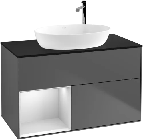 Obrázek VILLEROY BOCH Toaletní skříňka Finion, s osvětlením, 2 výsuvy, 1000 x 603 x 501 mm, antracitový matný lak / bílý matný lak / černé matné sklo #F892MTGK