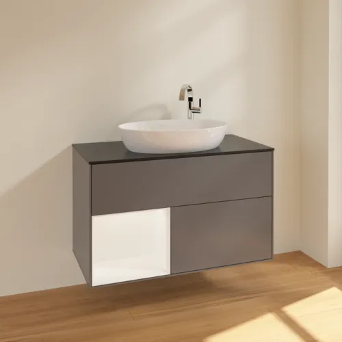 VILLEROY BOCH Finion Waschbeckenunterschrank, mit Beleuchtung, 2 Auszüge, 1000 x 603 x 501 mm, Anthracite Matt Lacquer / White Matt Lacquer / Glass Black Matt #F892MTGK, Bild 2