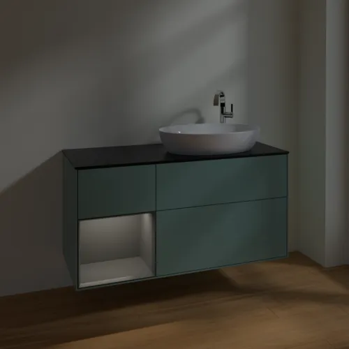 Bild von VILLEROY BOCH Finion Waschbeckenunterschrank, mit Beleuchtung, 3 Auszüge, 1200 x 603 x 501 mm, Olive Matt Lacquer / Anthracite Matt Lacquer / Glass Black Matt #F922GKGM