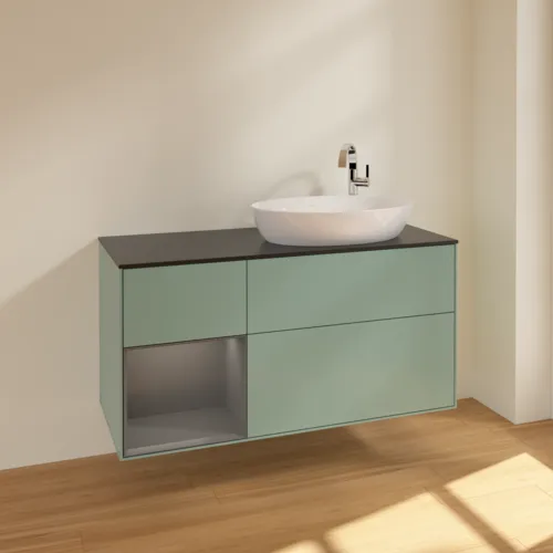 Bild von VILLEROY BOCH Finion Waschbeckenunterschrank, mit Beleuchtung, 3 Auszüge, 1200 x 603 x 501 mm, Olive Matt Lacquer / Anthracite Matt Lacquer / Glass Black Matt #F922GKGM