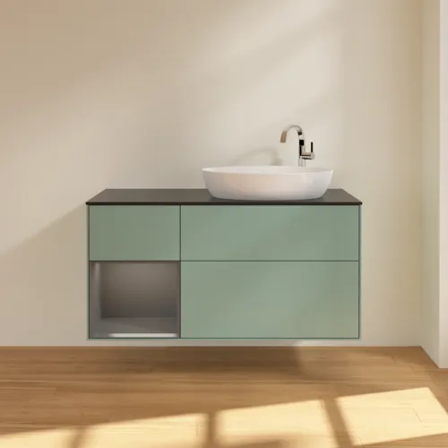 Bild von VILLEROY BOCH Finion Waschbeckenunterschrank, mit Beleuchtung, 3 Auszüge, 1200 x 603 x 501 mm, Olive Matt Lacquer / Anthracite Matt Lacquer / Glass Black Matt #F922GKGM