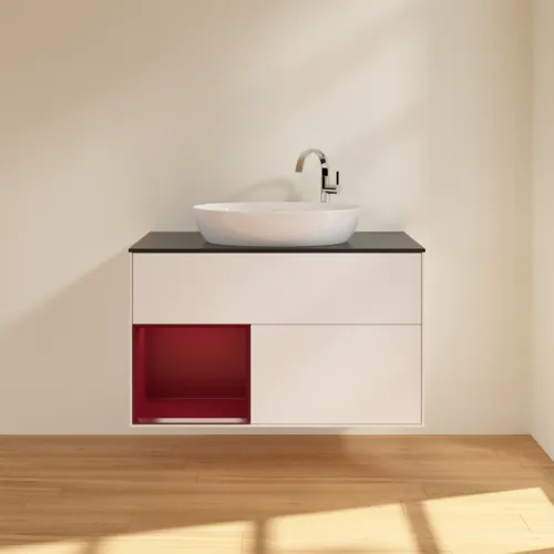 VILLEROY BOCH Finion Waschbeckenunterschrank, mit Beleuchtung, 2 Auszüge, 1000 x 603 x 501 mm, White Matt Lacquer / Peony Matt Lacquer / Glass Black Matt #F892HBMT, Bild 3