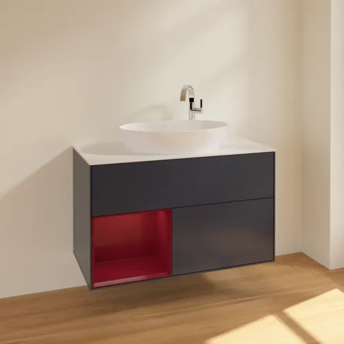 VILLEROY BOCH Finion Waschbeckenunterschrank, mit Beleuchtung, 2 Auszüge, 1000 x 603 x 501 mm, Midnight Blue Matt Lacquer / Peony Matt Lacquer / Glass White Matt #F891HBHG, Bild 2