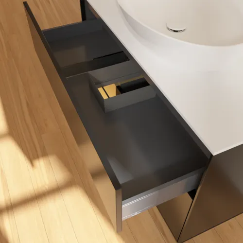 Picture of VILLEROY BOCH Finion Vanity unit, with lighting, 2 pull-out compartments, 1000 x 603 x 501 mm, Black Matt Lacquer / Gold Matt Lacquer / Glass White Matt #F891HFPD