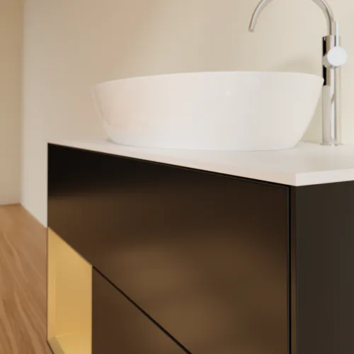 Picture of VILLEROY BOCH Finion Vanity unit, with lighting, 2 pull-out compartments, 1000 x 603 x 501 mm, Black Matt Lacquer / Gold Matt Lacquer / Glass White Matt #F891HFPD