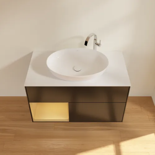 Picture of VILLEROY BOCH Finion Vanity unit, with lighting, 2 pull-out compartments, 1000 x 603 x 501 mm, Black Matt Lacquer / Gold Matt Lacquer / Glass White Matt #F891HFPD