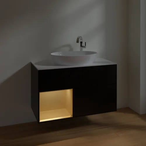 Picture of VILLEROY BOCH Finion Vanity unit, with lighting, 2 pull-out compartments, 1000 x 603 x 501 mm, Black Matt Lacquer / Gold Matt Lacquer / Glass White Matt #F891HFPD