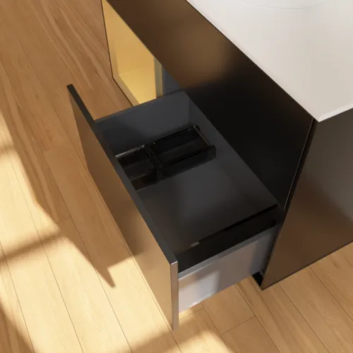 Picture of VILLEROY BOCH Finion Vanity unit, with lighting, 2 pull-out compartments, 1000 x 603 x 501 mm, Black Matt Lacquer / Gold Matt Lacquer / Glass White Matt #F891HFPD