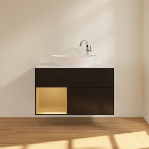 Picture of VILLEROY BOCH Finion Vanity unit, with lighting, 2 pull-out compartments, 1000 x 603 x 501 mm, Black Matt Lacquer / Gold Matt Lacquer / Glass White Matt #F891HFPD