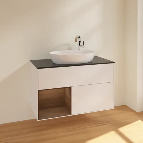 Bild von VILLEROY BOCH Finion Waschbeckenunterschrank, mit Beleuchtung, 2 Auszüge, 1000 x 603 x 501 mm, Glossy White Lacquer / Walnut Veneer / Glass Black Matt #F892GNGF