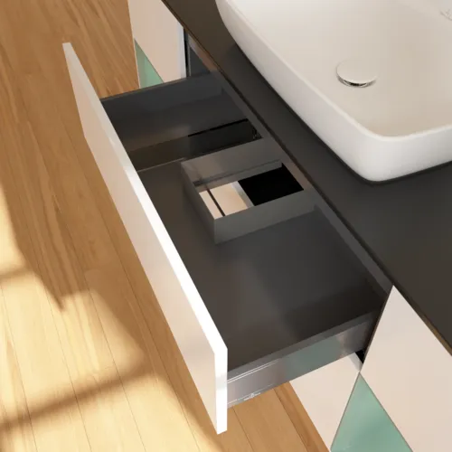 Bild von VILLEROY BOCH Finion Waschbeckenunterschrank, mit Beleuchtung, 4 Auszüge, 1600 x 603 x 501 mm, White Matt Lacquer / Olive Matt Lacquer / Glass Black Matt #F862GMMT