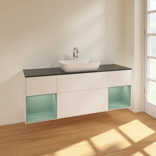 Bild von VILLEROY BOCH Finion Waschbeckenunterschrank, mit Beleuchtung, 4 Auszüge, 1600 x 603 x 501 mm, White Matt Lacquer / Olive Matt Lacquer / Glass Black Matt #F862GMMT