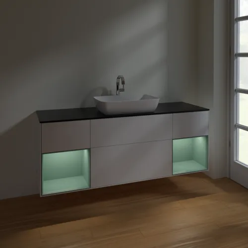 Bild von VILLEROY BOCH Finion Waschbeckenunterschrank, mit Beleuchtung, 4 Auszüge, 1600 x 603 x 501 mm, White Matt Lacquer / Olive Matt Lacquer / Glass Black Matt #F862GMMT