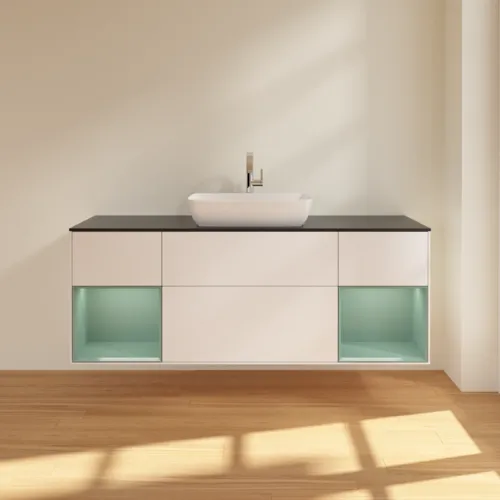 Bild von VILLEROY BOCH Finion Waschbeckenunterschrank, mit Beleuchtung, 4 Auszüge, 1600 x 603 x 501 mm, White Matt Lacquer / Olive Matt Lacquer / Glass Black Matt #F862GMMT