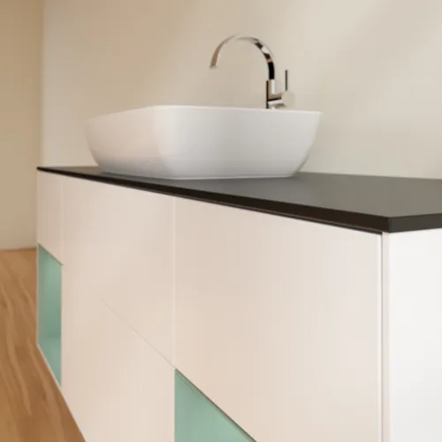 Bild von VILLEROY BOCH Finion Waschbeckenunterschrank, mit Beleuchtung, 4 Auszüge, 1600 x 603 x 501 mm, White Matt Lacquer / Olive Matt Lacquer / Glass Black Matt #F862GMMT