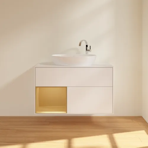 VILLEROY BOCH Finion Waschbeckenunterschrank, mit Beleuchtung, 2 Auszüge, 1000 x 603 x 501 mm, White Matt Lacquer / Gold Matt Lacquer / Glass White Matt #F891HFMT, Bild 3