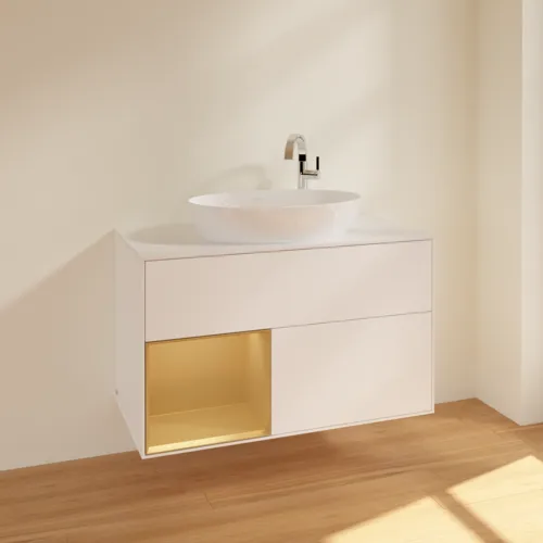 VILLEROY BOCH Finion Waschbeckenunterschrank, mit Beleuchtung, 2 Auszüge, 1000 x 603 x 501 mm, White Matt Lacquer / Gold Matt Lacquer / Glass White Matt #F891HFMT, Bild 2
