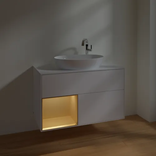 VILLEROY BOCH Finion Waschbeckenunterschrank, mit Beleuchtung, 2 Auszüge, 1000 x 603 x 501 mm, White Matt Lacquer / Gold Matt Lacquer / Glass White Matt #F891HFMT, Bild 5