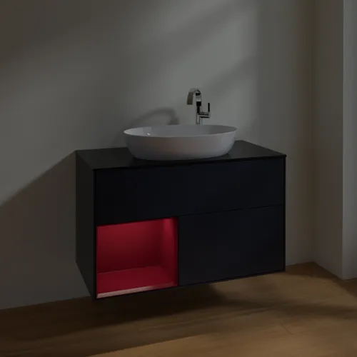 VILLEROY BOCH Finion Waschbeckenunterschrank, mit Beleuchtung, 2 Auszüge, 1000 x 603 x 501 mm, Midnight Blue Matt Lacquer / Peony Matt Lacquer / Glass Black Matt #F892HBHG, Bild 5