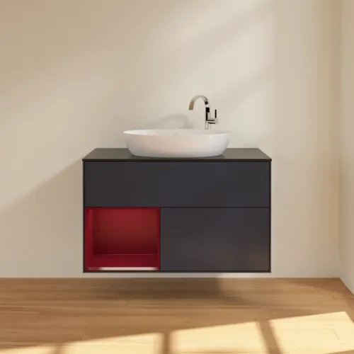 VILLEROY BOCH Finion Waschbeckenunterschrank, mit Beleuchtung, 2 Auszüge, 1000 x 603 x 501 mm, Midnight Blue Matt Lacquer / Peony Matt Lacquer / Glass Black Matt #F892HBHG, Bild 3