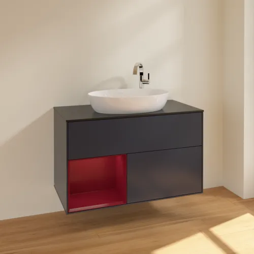 VILLEROY BOCH Finion Waschbeckenunterschrank, mit Beleuchtung, 2 Auszüge, 1000 x 603 x 501 mm, Midnight Blue Matt Lacquer / Peony Matt Lacquer / Glass Black Matt #F892HBHG, Bild 2