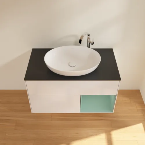 Bild von VILLEROY BOCH Finion Waschbeckenunterschrank, mit Beleuchtung, 2 Auszüge, 1000 x 603 x 501 mm, Glossy White Lacquer / Olive Matt Lacquer / Glass Black Matt #F902GMGF