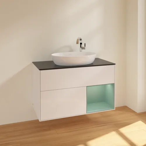 Bild von VILLEROY BOCH Finion Waschbeckenunterschrank, mit Beleuchtung, 2 Auszüge, 1000 x 603 x 501 mm, Glossy White Lacquer / Olive Matt Lacquer / Glass Black Matt #F902GMGF